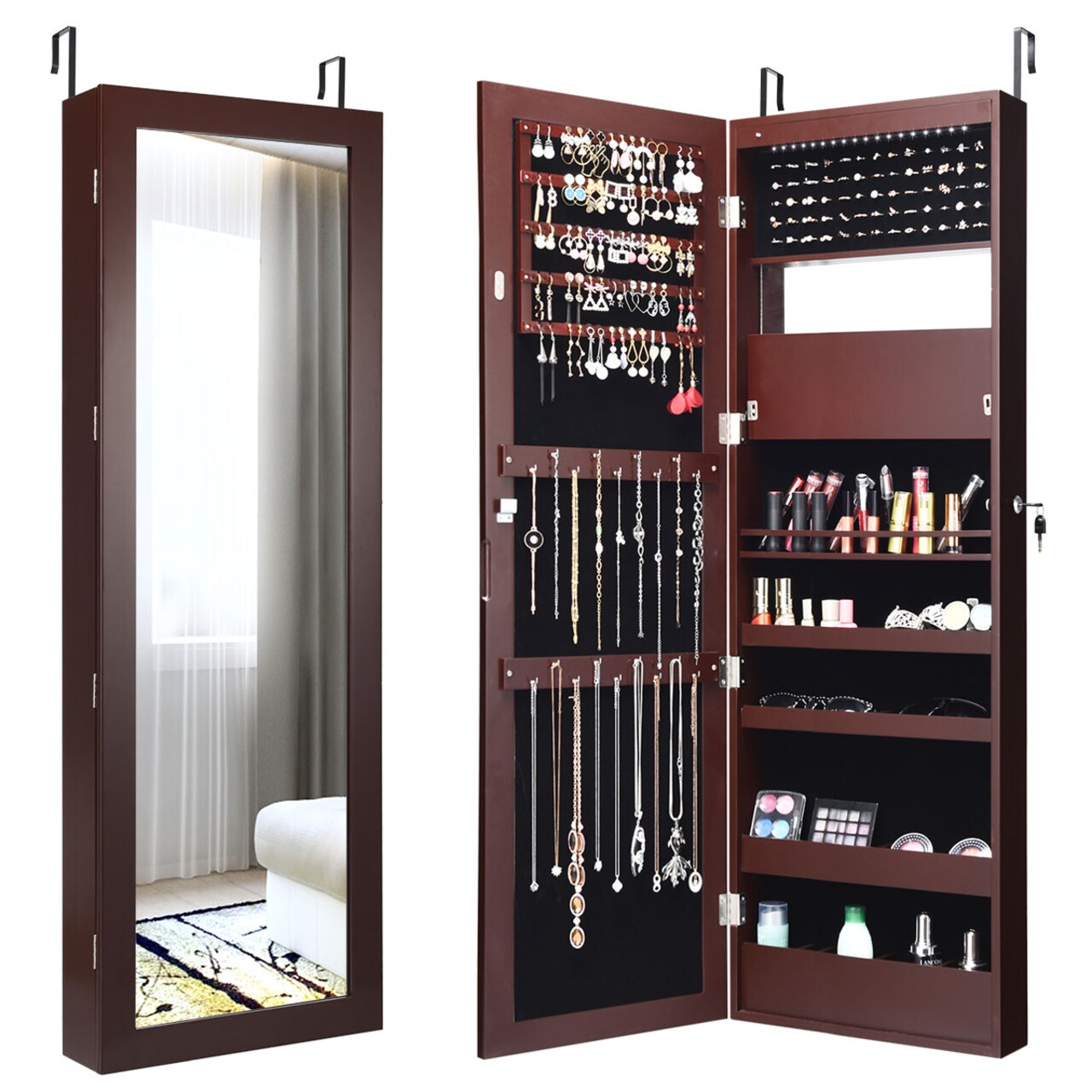 Costway Wall Door Mounted Mirror Jewelry Cabinet Organizer LED Lights